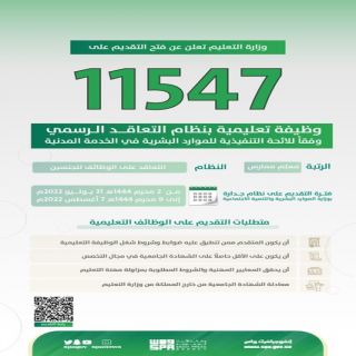 #التعليم تُعلن عن  (11547) وظيفة تعليمية بنظام التعاقد الرسمي